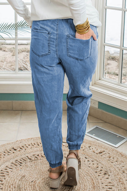 Pantalon de jogging en jean bleu crépuscule grande taille avec cordon de serrage et poches