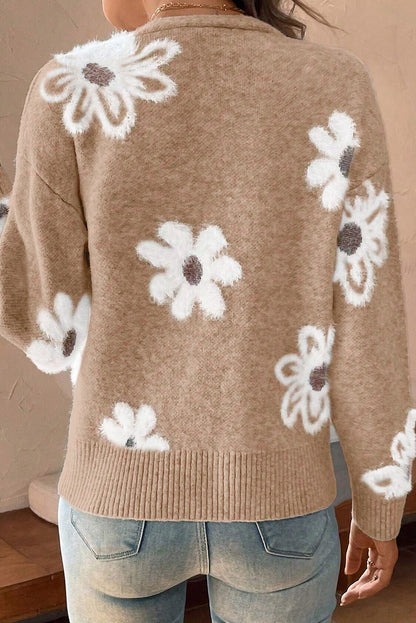 Cardigan boutonné en tricot à col en V et imprimé floral gris fumé