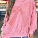 Bright Pink Mineral Wash Big Bow Patchwork Pullover Sweatshirt