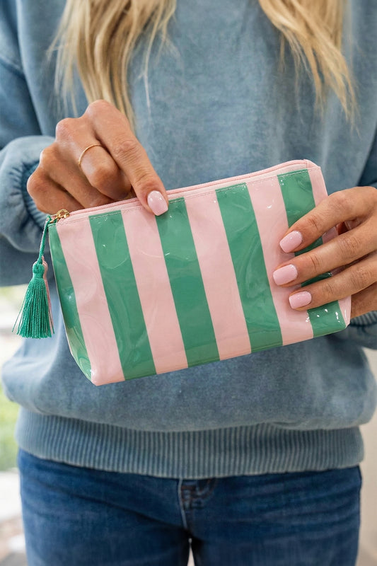 Dark Green Striped Vinyl Waterproof Tassel Zipper Makeup Bag