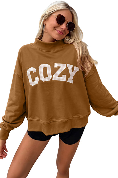 Chestnut Stay Salty Embroidered Long Sleeve Stand Neck Shift Pullover Sweatshirt