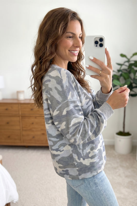 Multicolour Camouflage Long Sleeve Round Neck Shift Pullover Top