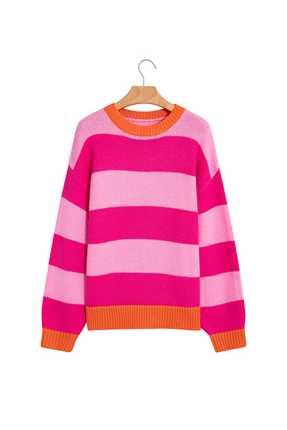 Rose Stripe Casual Colorblock Knit Drop Shoulder Relaxed Sweater