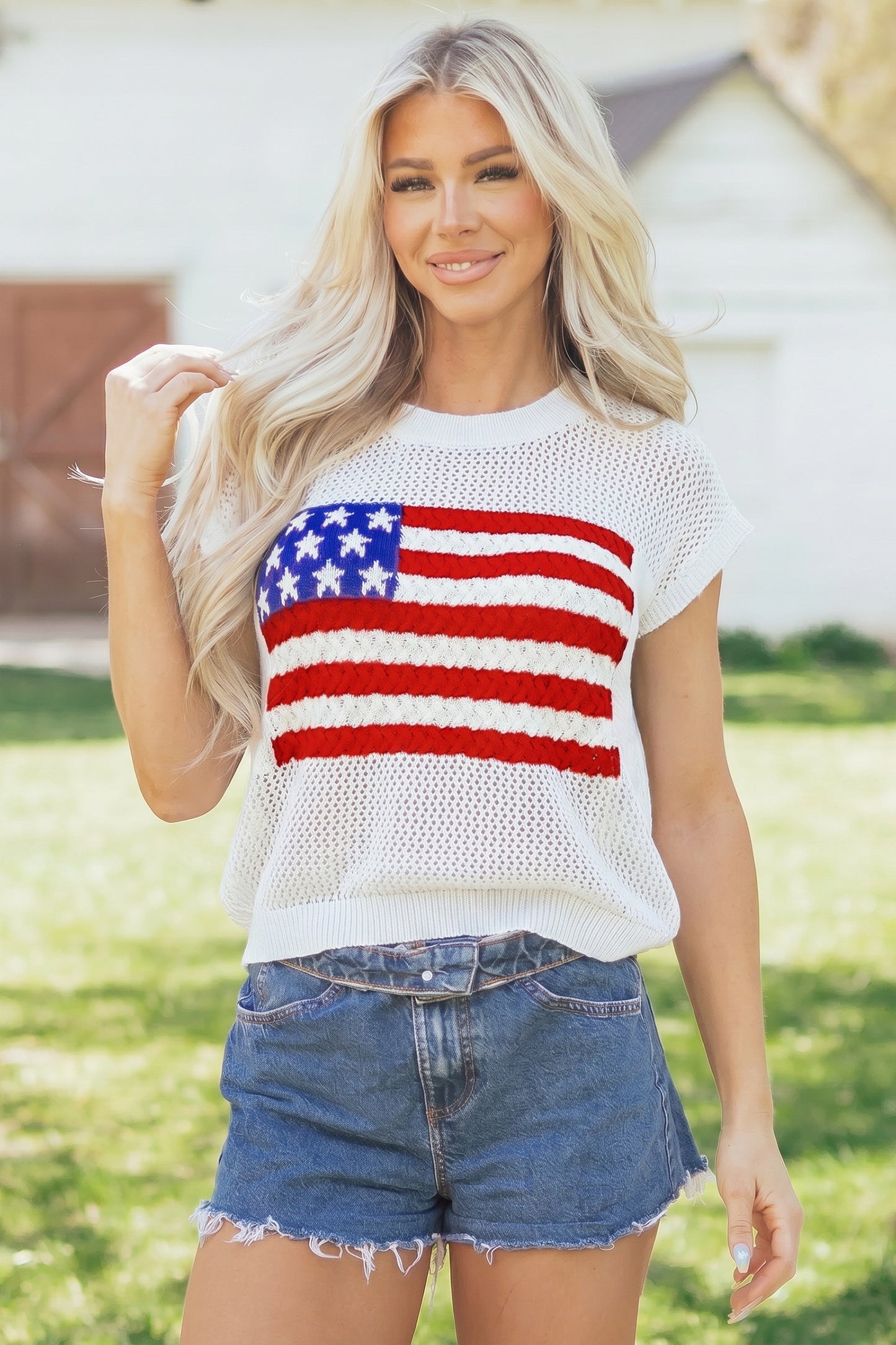 Sky Blue Flag Graphic Short Sleeve Sweater Top