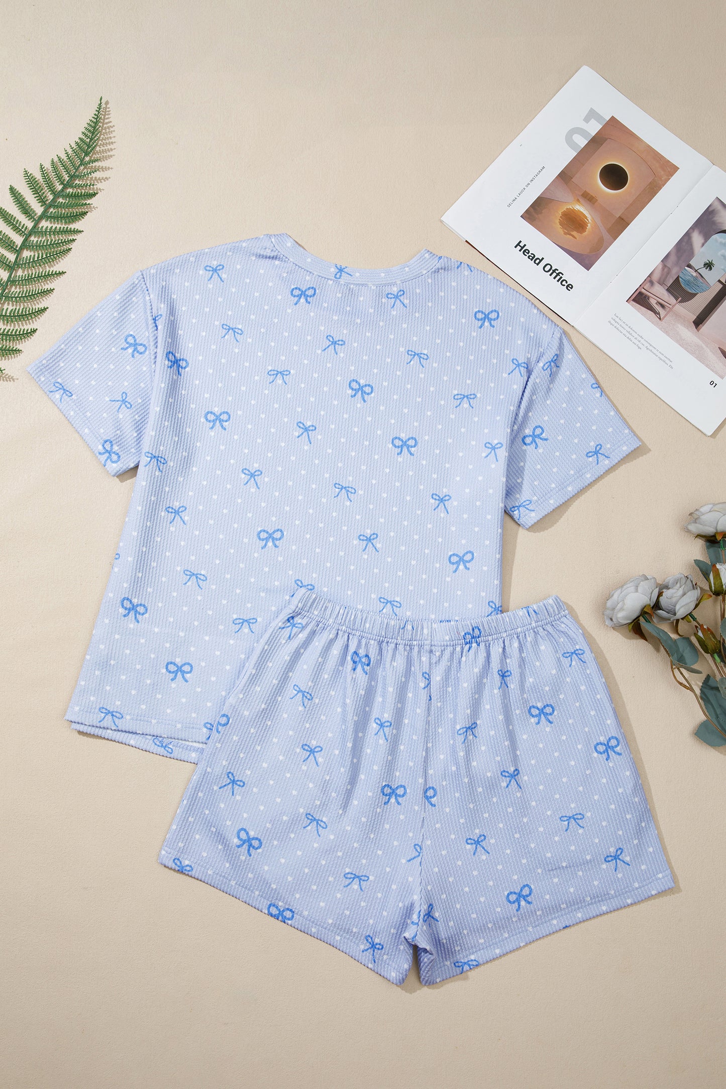 Sky Blue Tiny Heart Bow Print Twisted Rib Loose 2pcs Short Set