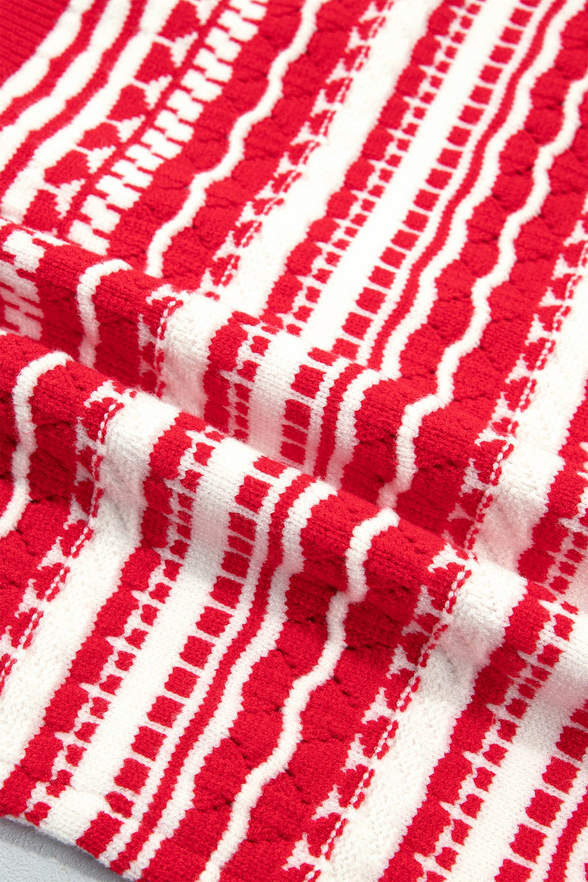 Red Geometric Striped Pattern V Neck Button Front Casual Knit Cardigan