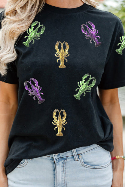 Black Lobster Patched Pattern Festive T Shirt