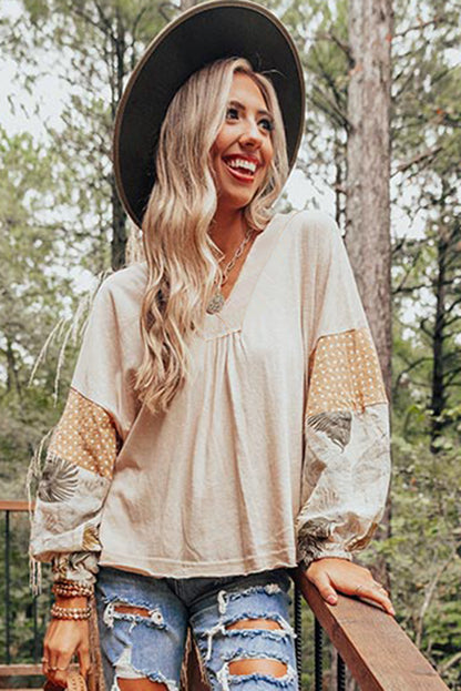 Chemisier ample à pois et manches bouffantes, motif feuilles de palmier, col en V, style patchwork