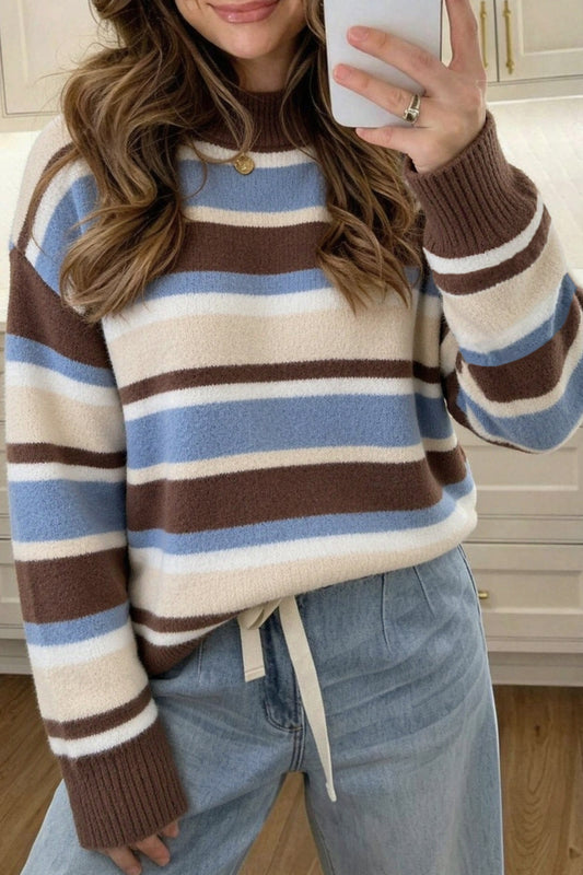 Brown Stripe Dropped Shoulder Loose Pullover Sweater