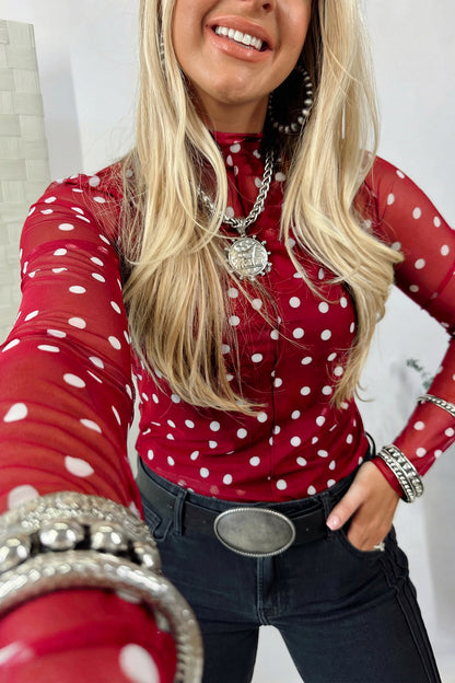 Red Polka Dot Patterned Bodycon Mock Neck Mesh Long Sleeve Top