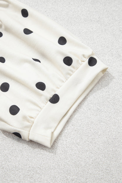 Beige Polka Dot Half Sleeve Loose Top Elastic Waist Casual Pants Set