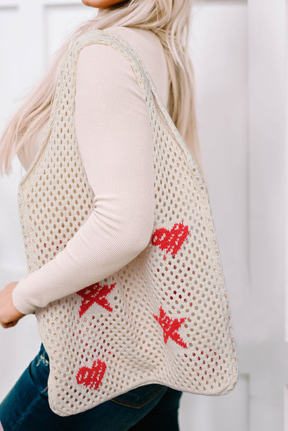 Bolso de hombro de punto ahuecado con estampado de corazón y estrella marrón