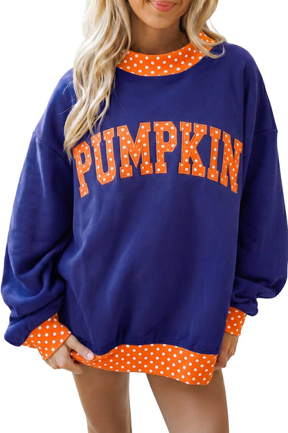 Sail Blue Polka Dot Letter Print Contrast Trim Mock Neck Sweatshirt