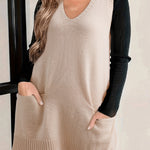 Jet Stream Ribbed Deep V Neckline Front Pocketed Loose Tunic Sweater Vest