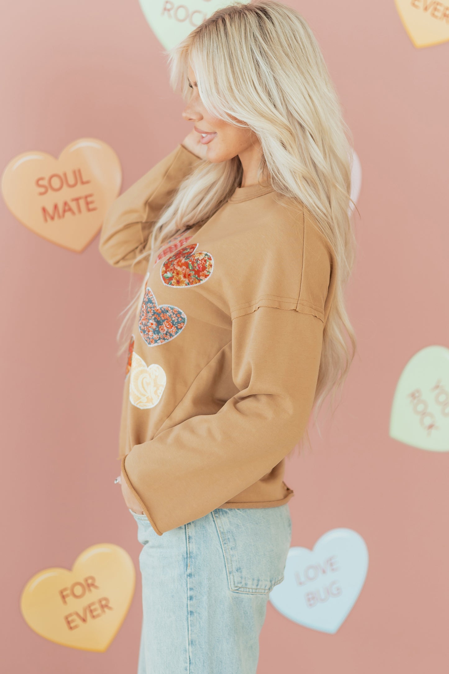 Straw Yellow Plaid Floral Heart Stitched Exposed Seam Mineral Wash Sweatshirt