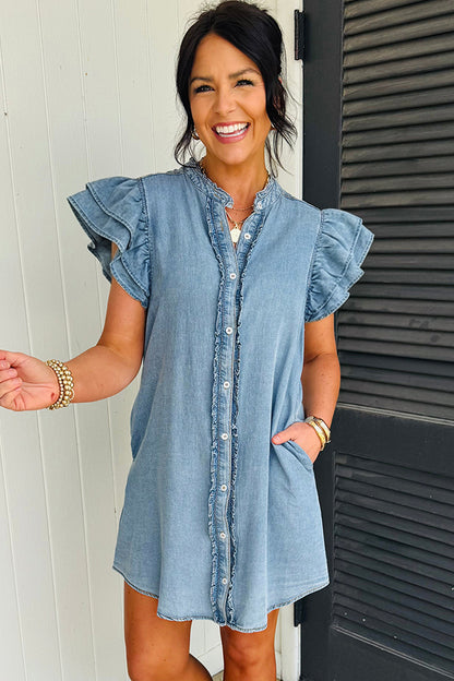 Myosotis Frilled Detail Button Down Ruffle Short Sleeve Denim Mini Dress