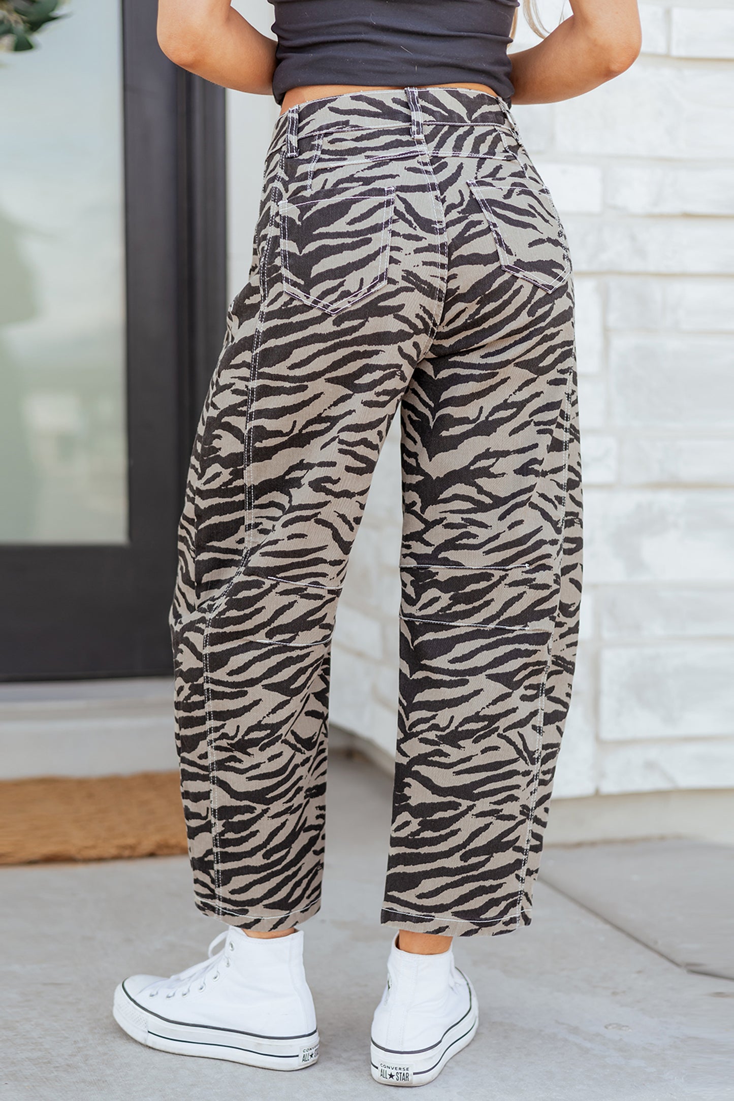 Gray Zebra Stripe Printed Wide Leg Barrel Jeans