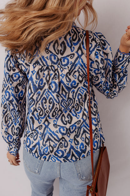 Blue Bohemian Print Embroidered V Neckline Detail Long Sleeve Shirt