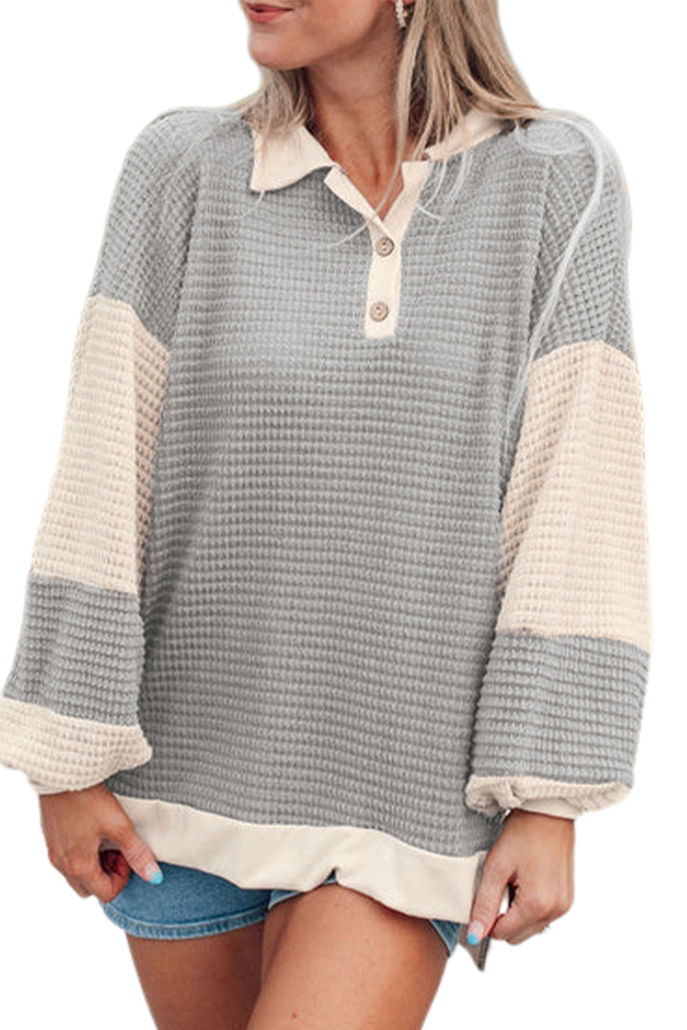 Haut Henley texturé kaki à col colorblock