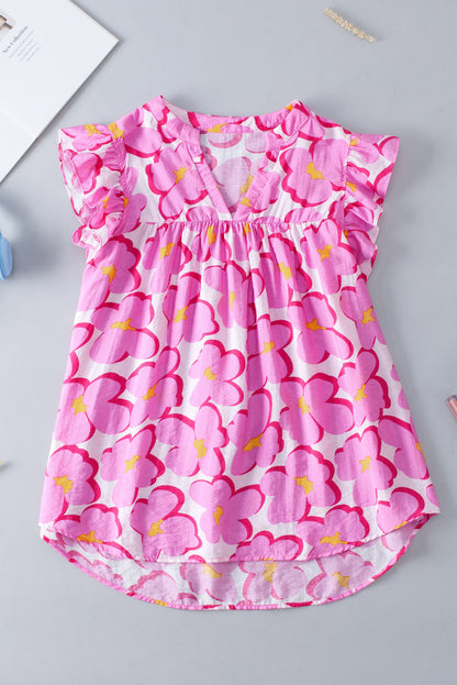 Chemisier babydoll à manches volantées et motif floral rose