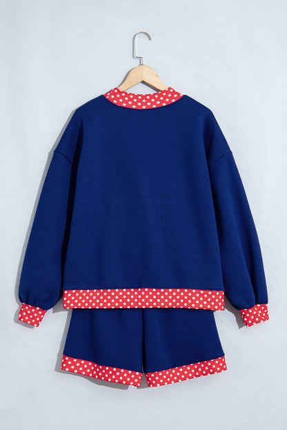Navy Blue Polka Dot Trim Baggy Pullover 2pcs Short Set