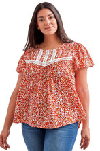 Floral Printed Lace Trim Plus Ruffle Sleeve Blouse