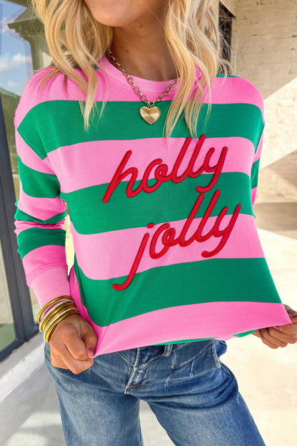 Green Stripe holly jolly Letter Embroidered Pullover Sweatshirt