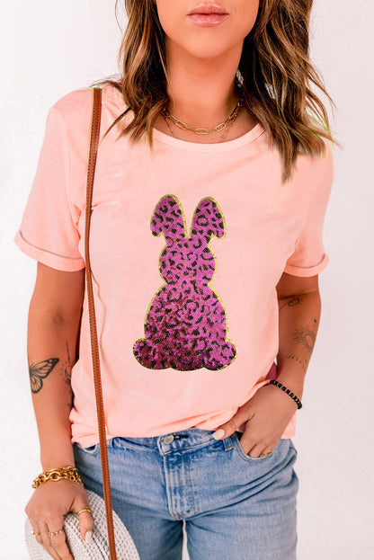 T-shirt graphique de Pâques à paillettes roses et motif lapin léopard