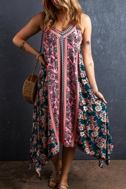 Robe d'été longue rose à imprimé patchwork floral bohème