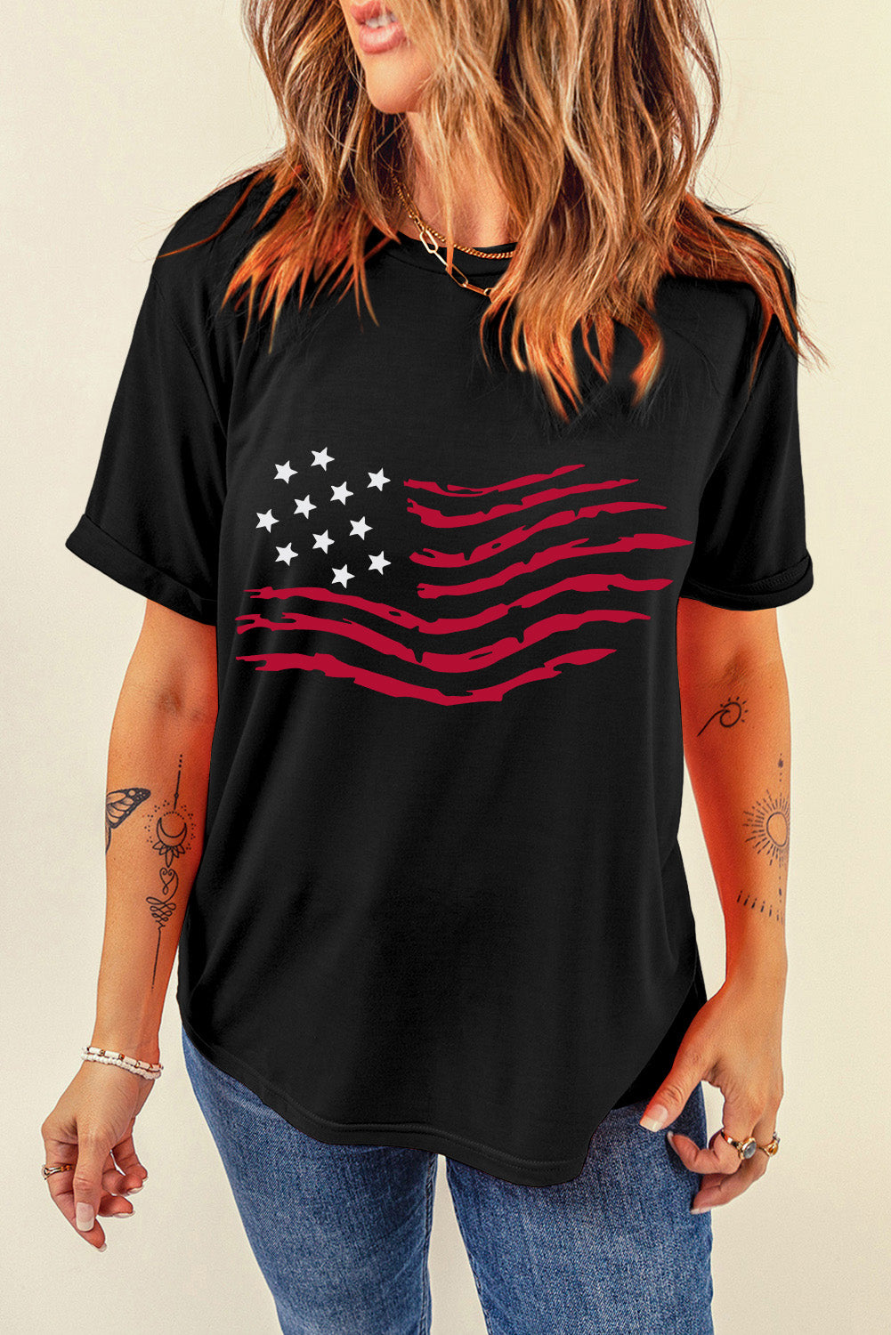 T-shirt ras du cou noir avec motif drapeau américain