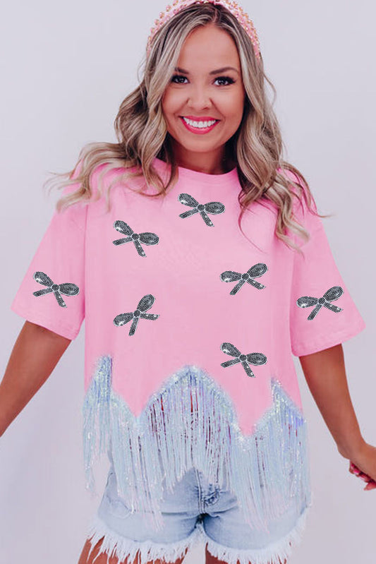 Pink Sequined Bow Knot Fringed Round Neck T Shirt
