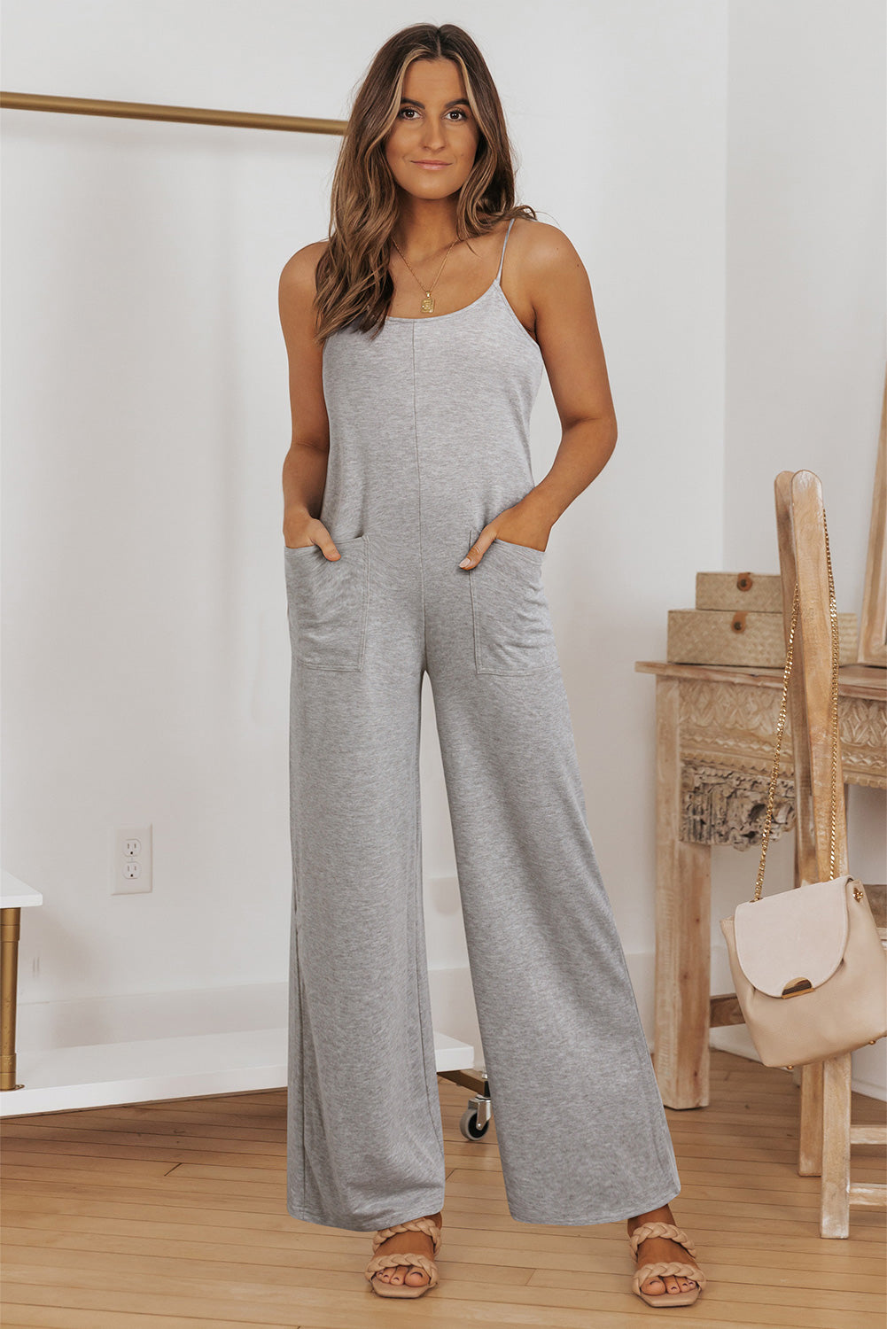 Loose Fit Side Pockets Spaghetti Strap Wide Leg Jumpsuit
