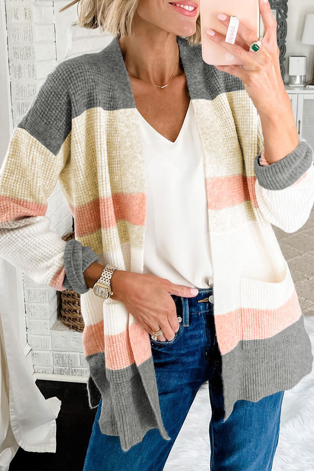 Cardigan ouvert à poches et rayures multicolores 