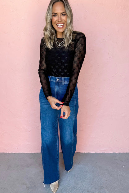 Black Mesh Bow Pattern Long Sleeve Top
