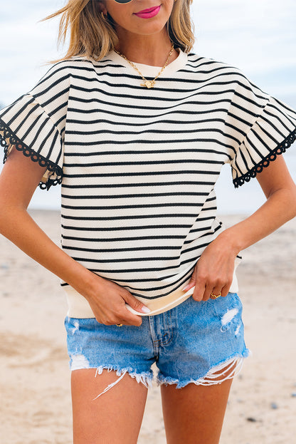 Black Stripe Scallop Lace Trim Ruffle Short Sleeves Crewneck Top