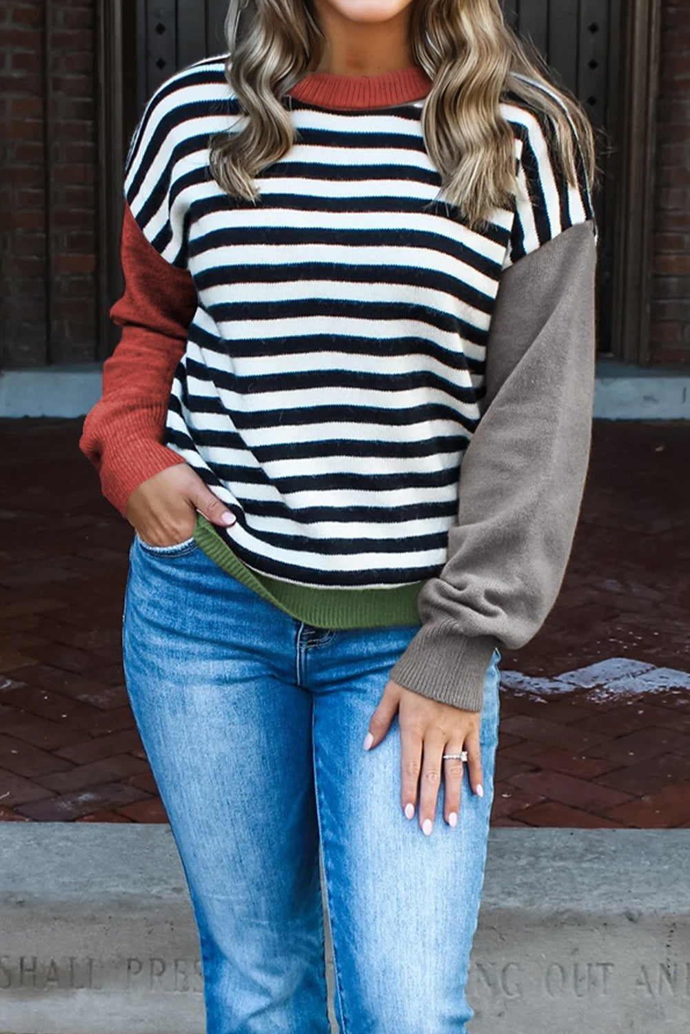 Gray Striped Panels Colorblock Sleeve Chic Sweater