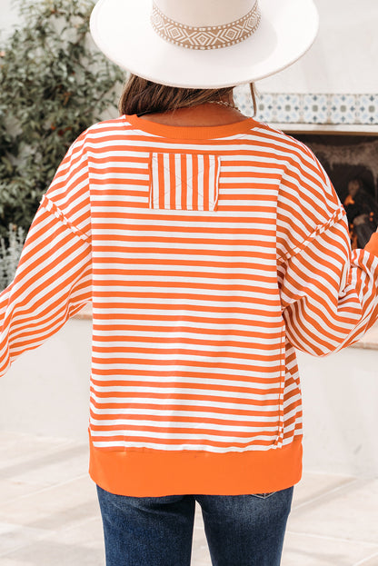 Red Stripe Exposed Seam Drop Shoulder Casual Pullover Top