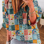 Sky Blue Floral Collared V Neck Roll up Sleeve Shift Blouse