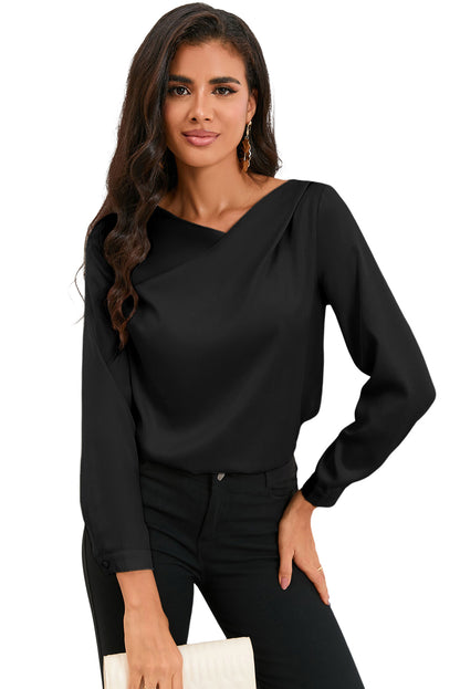 White Solid Asymmetric V Neck Long Sleeve Satin Blouse