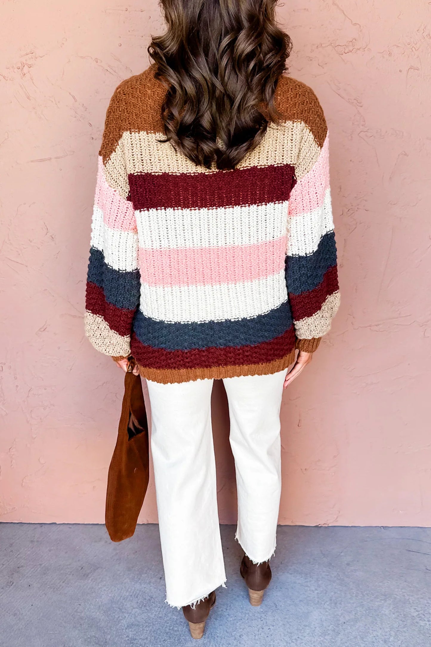 Multicolour Striped Knit Dropped Shoulder Round Neck Pullover Sweater