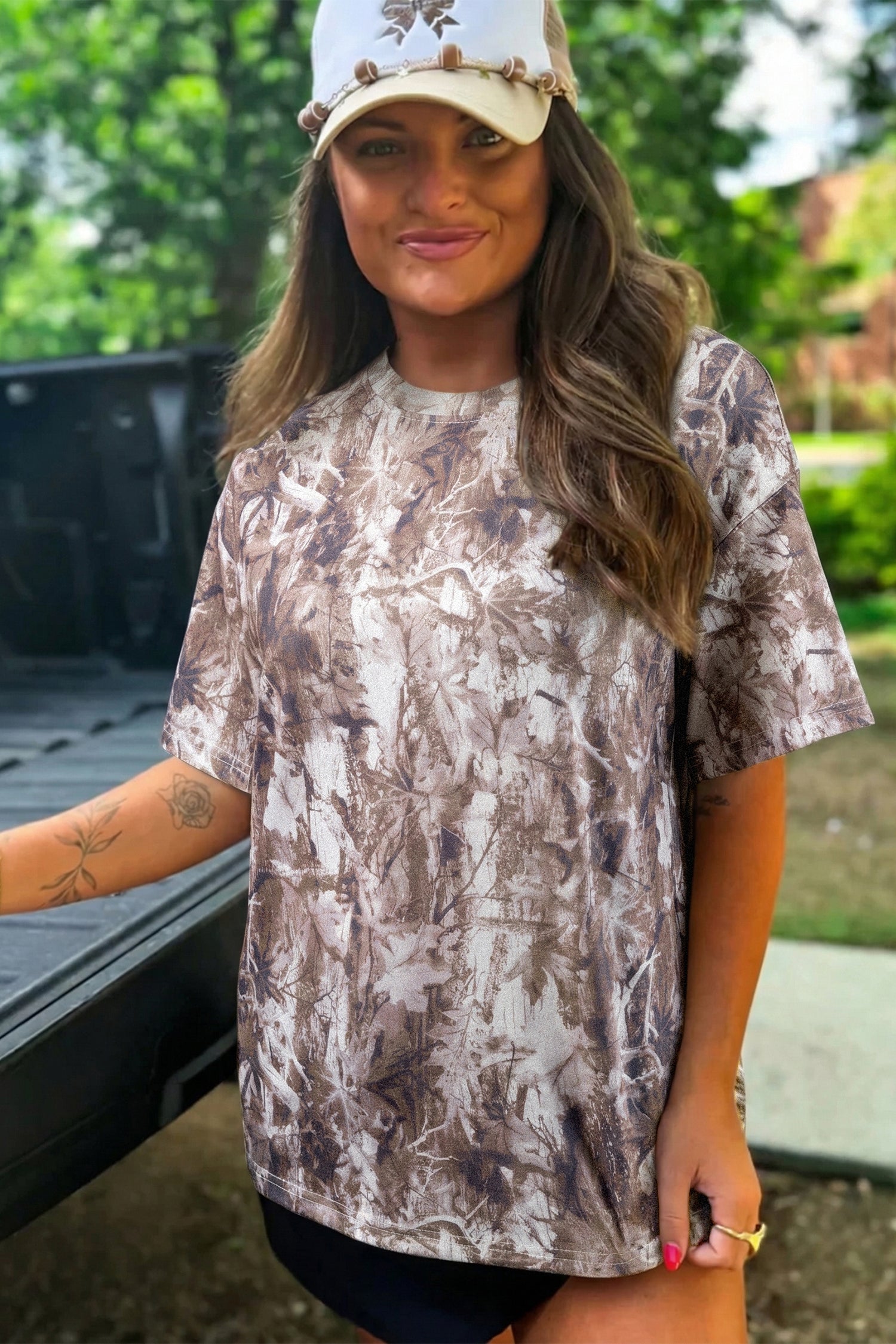 Khaki Camouflage Woodland Print Drop Shoulder Tunic Tee