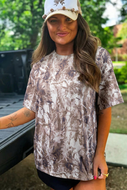 Khaki Camouflage Woodland Print Drop Shoulder Tunic Tee