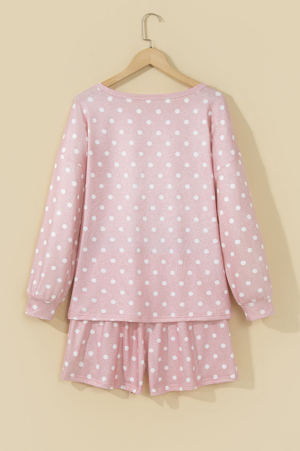 Pink Polka Dot Long Sleeve Top Drawstring Shorts Loose 2pcs Set