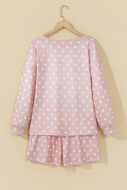 Pink Polka Dot Long Sleeve Top Drawstring Shorts Loose 2pcs Set