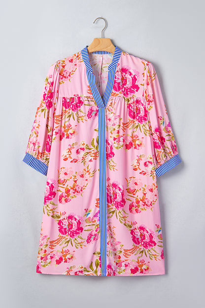 Multicolour Floral Striped Patchwork Trim Half Sleeve Mini Dress