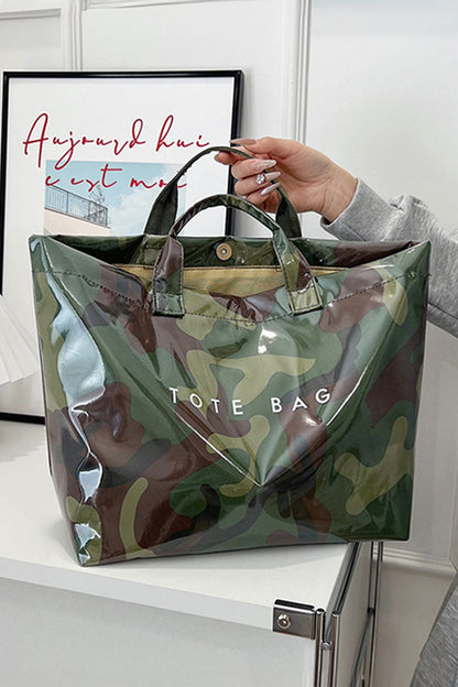 Jungle Green Camouflage Glossy PU Leather Tote Bag