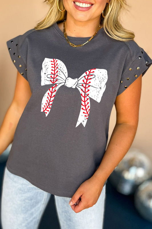 Dark Grey Baseball Bowknot Graphic Studded Cap Sleeve T Shirt