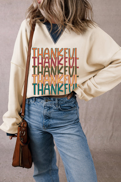 Sweat-shirt oversize blanc à imprimé graphique THANKFUL et bordures colorblock pour Thanksgiving