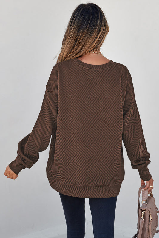 Coffee Solid Color Textured Round Neck Drop Shoulder Pullover Sweatshirt