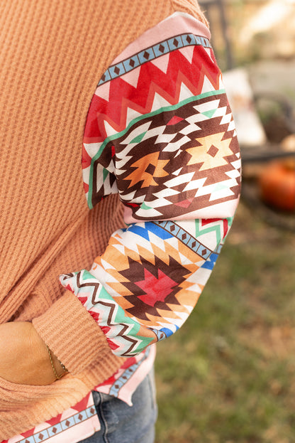 Sweat à capuche kaki en tricot gaufré patchwork aztèque grande taille